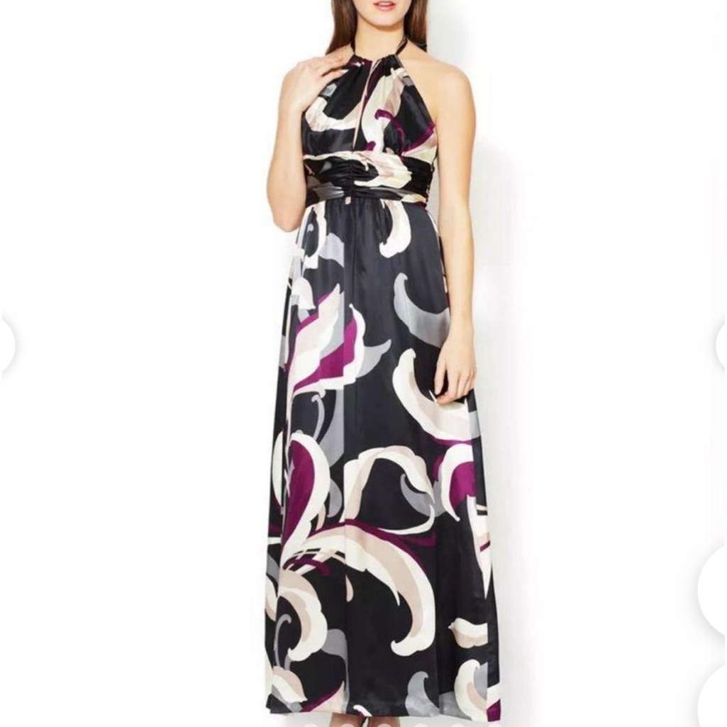 Trina Turk Geometric Print Loni 100% Silk Halter Top Maxi Dress Evening Gown, 8